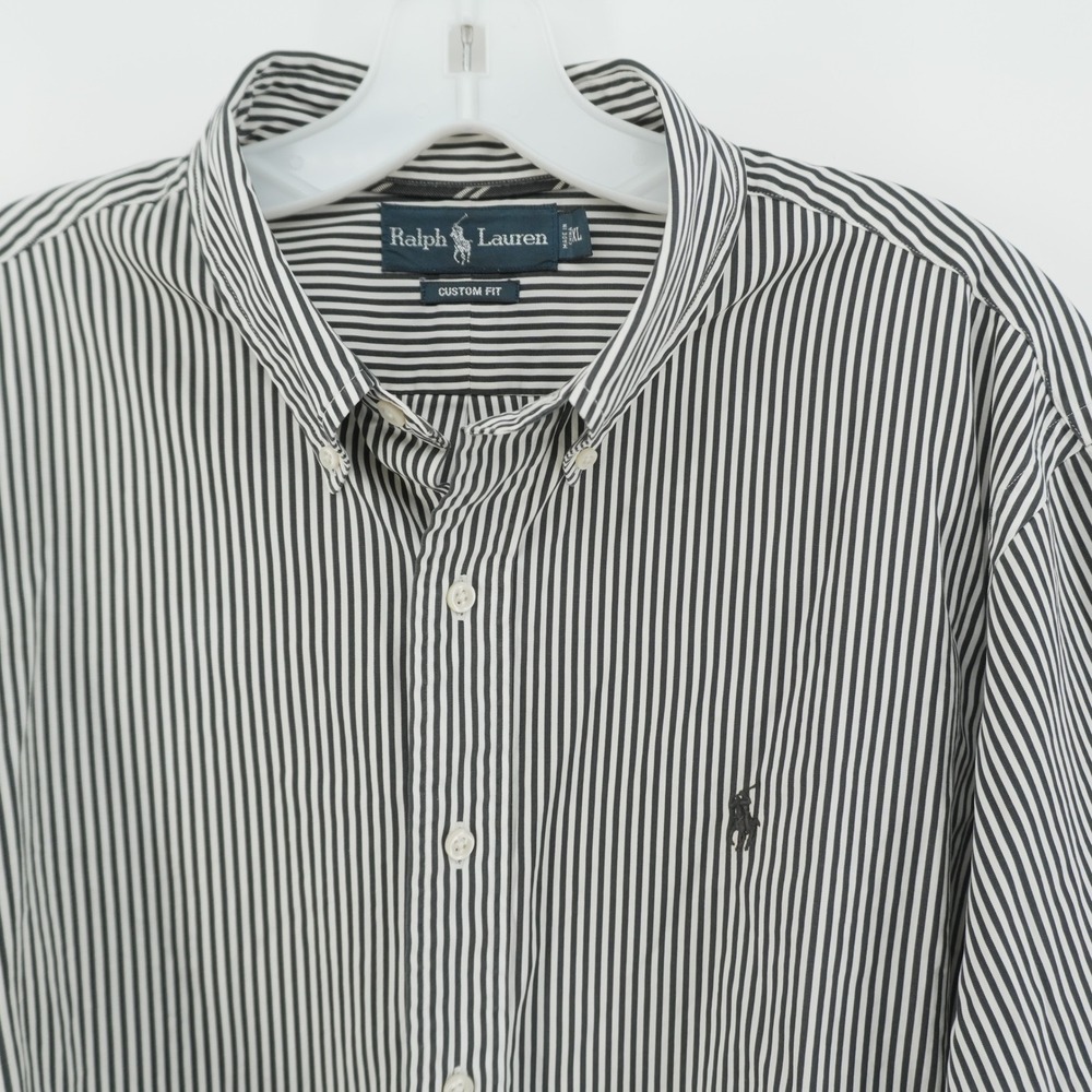 Ralph Lauren Button Down Mens XL Black White Striped Custom Fit Long Sleeve